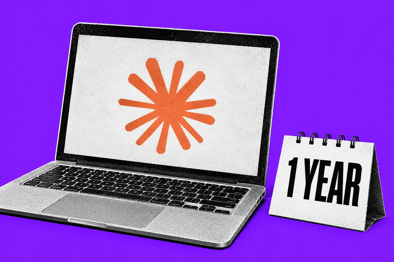 Halftone laptop displaying the orange Claude symbol beside a desk calendar labelled 1 YEAR on a violet background.