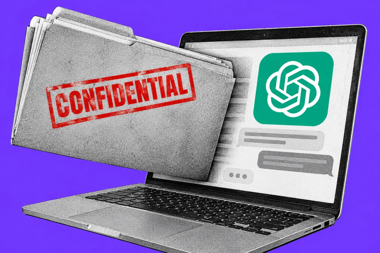 A manila client file sliding into a laptop screen showing a chat window, on a violet background. The ChatGPT logo (the OpenAI knot symbol) on the chat window and a bold red stamp reading "CONFIDENTIAL" on the file.