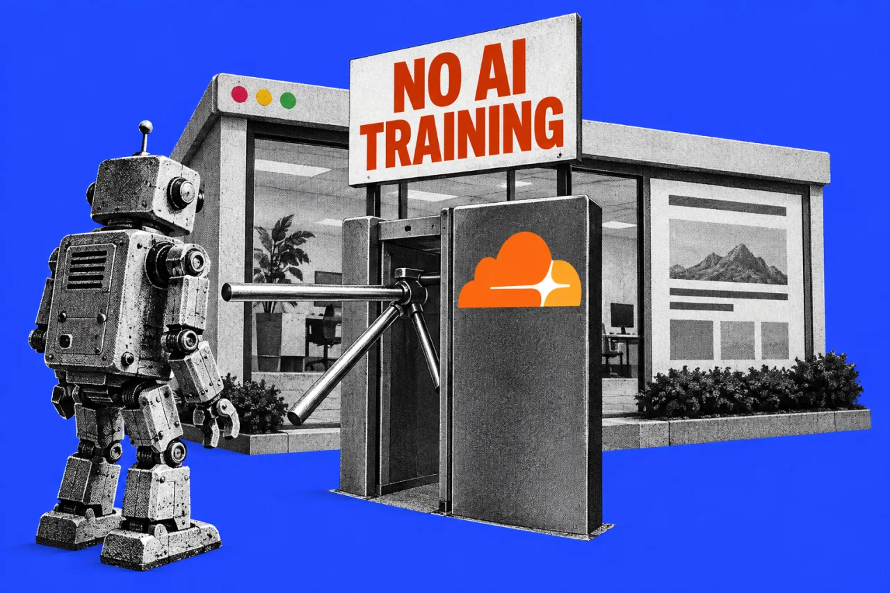A website shown as a small building with a turnstile gate in front, and a robot being stopped at the gate, on a cobalt background. The orange Cloudflare cloud logo on the gate and a sign reading "NO AI TRAINING".