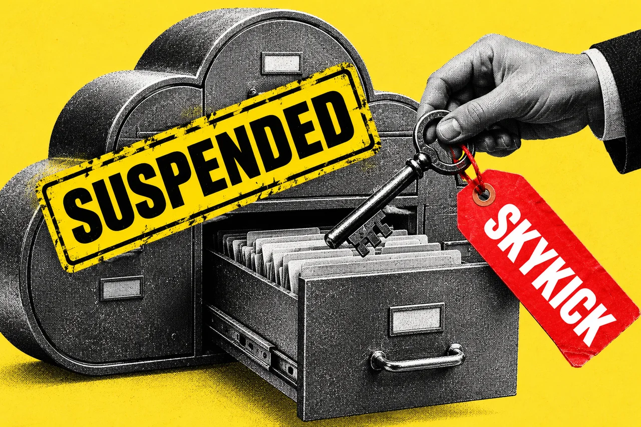 a halftone cloud-shaped filing cabinet with its drawer pulled open, and a halftone hand reaching into it holding a large old-fashioned key. a bright red paper tag hanging from the key, printed in bold capitals with the word "SKYKICK", and a yellow "SUSPENDED" stamp across the cabinet