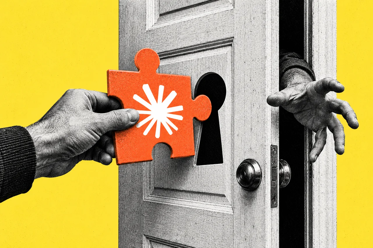 a large halftone jigsaw-puzzle piece being pushed by a halftone hand into the keyhole-shaped slot of a halftone suburban back door, while the door has swung slightly open and a second halftone hand reaches out through the gap. the jigsaw-puzzle piece is the only full-colour element, bright coral orange with Anthropic's Claude starburst logo in white at its centre; no words