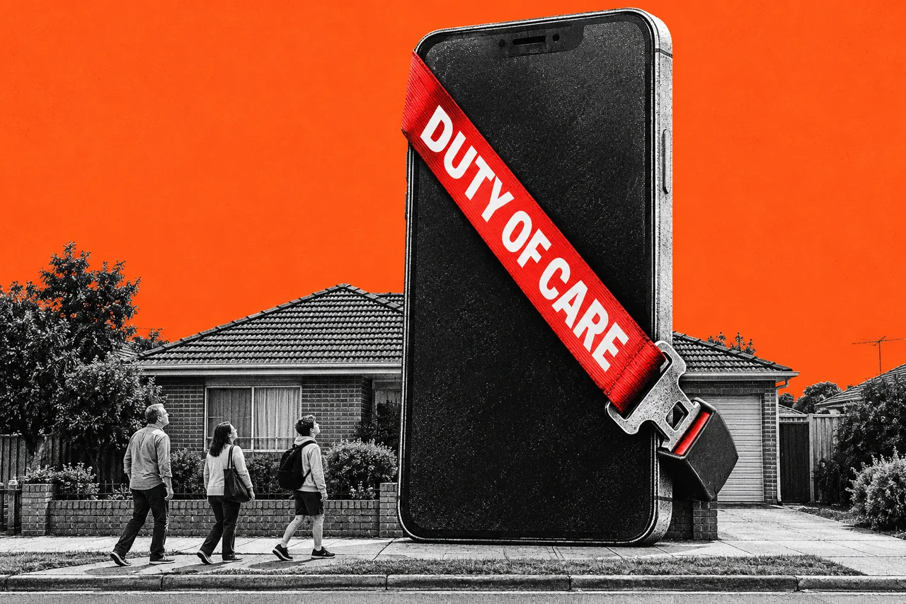 a giant halftone smartphone, taller than a house, standing upright on the footpath of a suburban Australian street, with two halftone adults and a teenager walking past its base and looking up at it, and a car seatbelt stretched diagonally across the whole phone screen, clicked into a big seatbelt buckle fixed to the phone's edge. the seatbelt strap is the only full-colour object, bright red, with the words "DUTY OF CARE" printed along it in bold white capitals