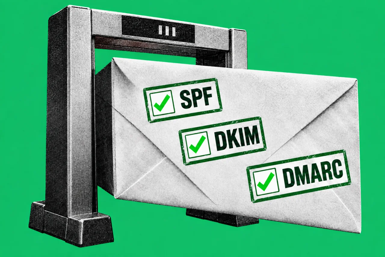 An envelope passing through a security checkpoint arch, on an emerald background. Three bold rubber-stamp marks on the envelope reading "SPF", "DKIM" and "DMARC", each with a green tick.