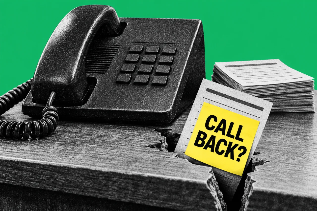 A desk telephone with a stack of message slips, one slip falling through a crack in the desk, on an emerald background. A bright yellow sticky note on the falling slip reading "CALL BACK?".