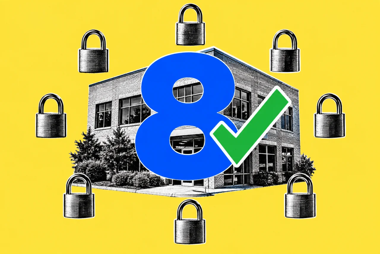 A small office building ringed by eight padlocks, on a yellow background. A huge bold number "8" in front of the building, with a green tick.