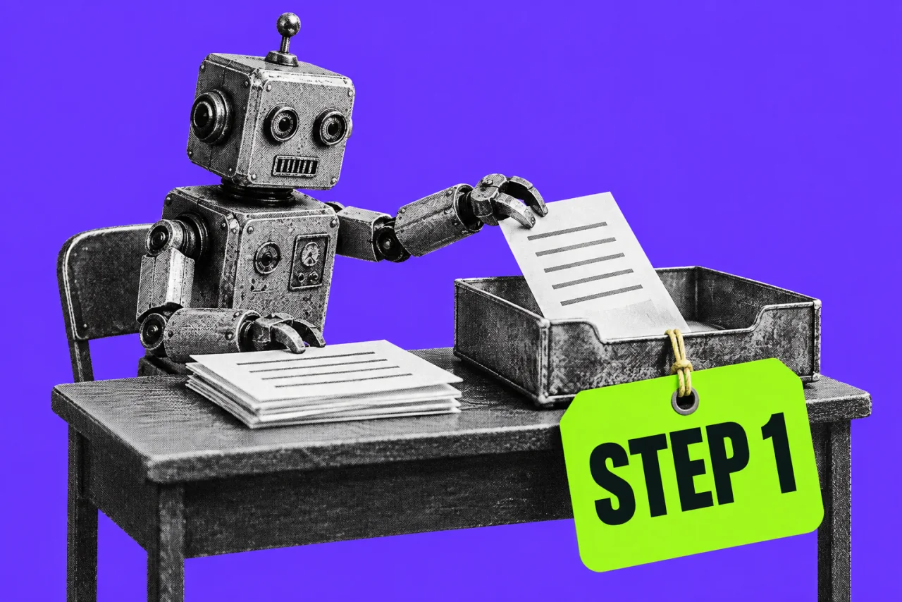 A small robot at a desk sorting a single short stack of papers into an in-tray, on a violet background. A bright lime tag hanging from the tray reading "STEP 1".