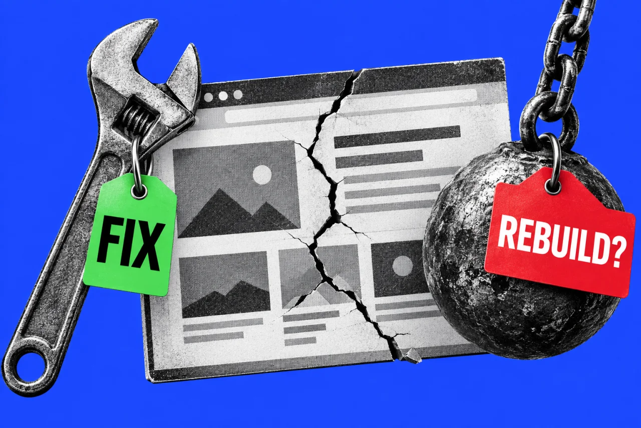A large web browser window with a crack across it, a spanner on one side and a wrecking ball on the other, on a cobalt background. A green tag "FIX" on the spanner and a red tag "REBUILD?" on the wrecking ball.