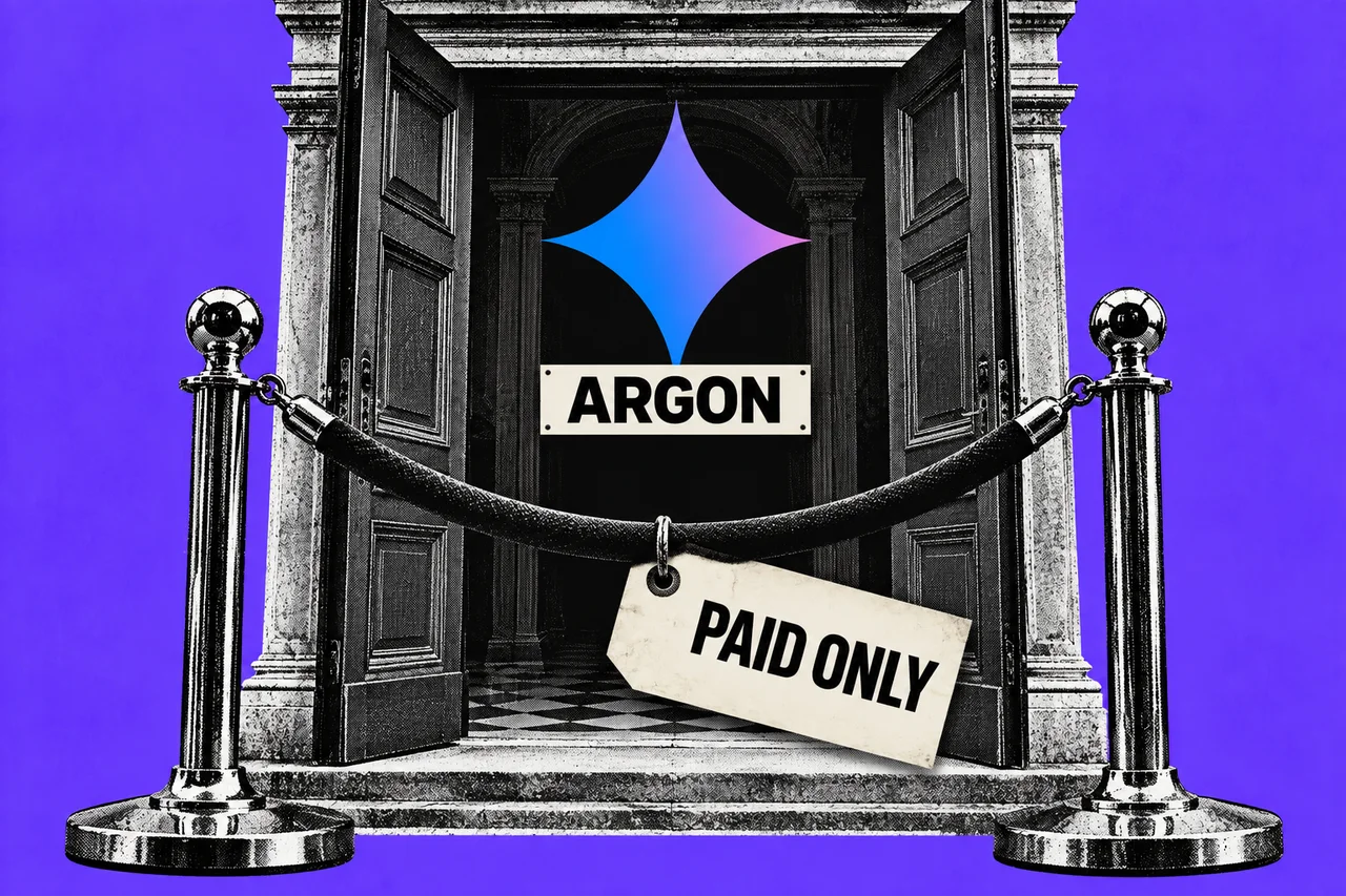 a black-and-white halftone velvet rope barrier on two halftone metal posts, standing in front of a halftone open doorway. the four-pointed Google Gemini sparkle logo in its blue-to-purple gradient above the doorway with a bold cream sign beneath it reading "ARGON", and a cream swing tag hanging from the rope reading "PAID ONLY" in bold black type