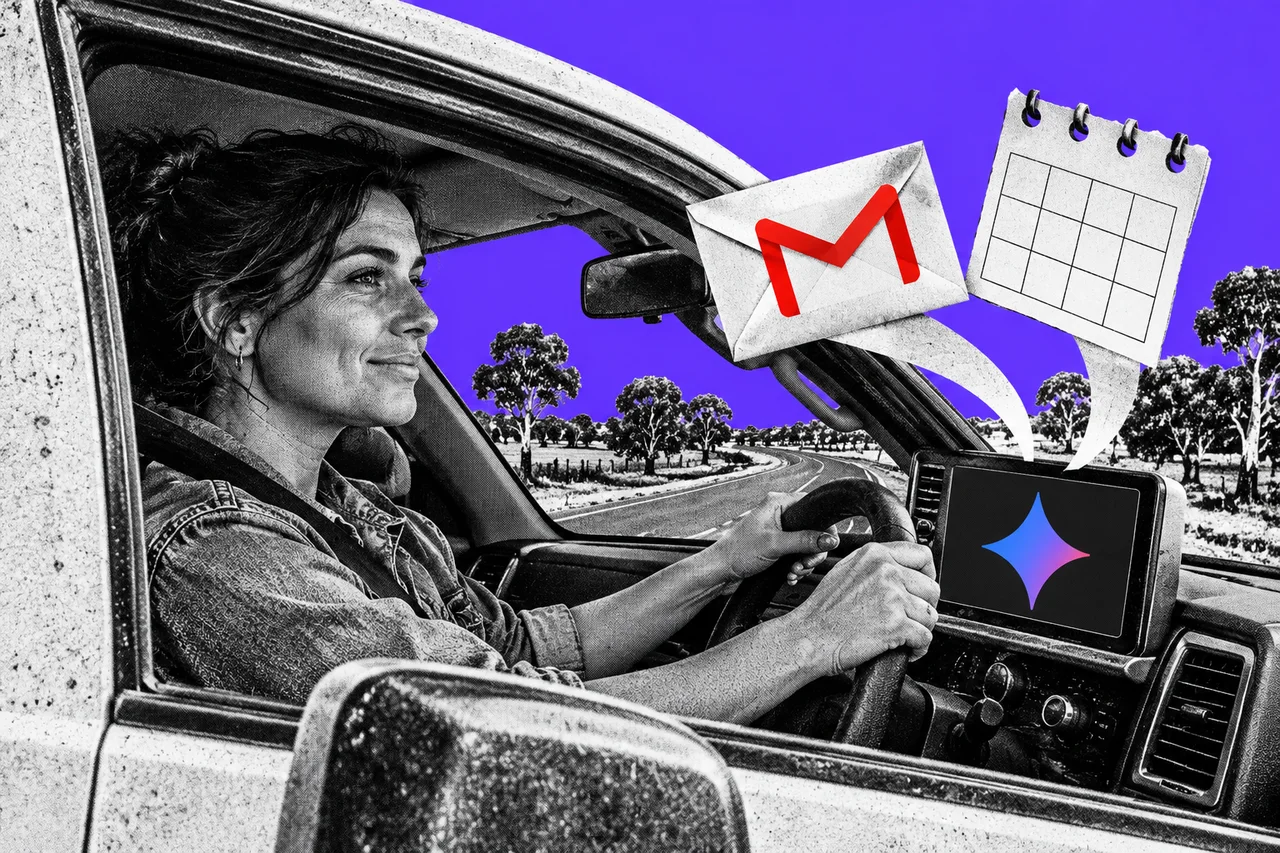 a halftone cut-out of a woman driving a ute along a country road lined with gum trees, seen through the open driver's window, glancing at the dashboard screen as a halftone paper envelope and a torn-off calendar page float out of the screen towards her. the dashboard screen shows the full-colour four-pointed Gemini sparkle logo, and the floating envelope carries the red-and-white Gmail logo