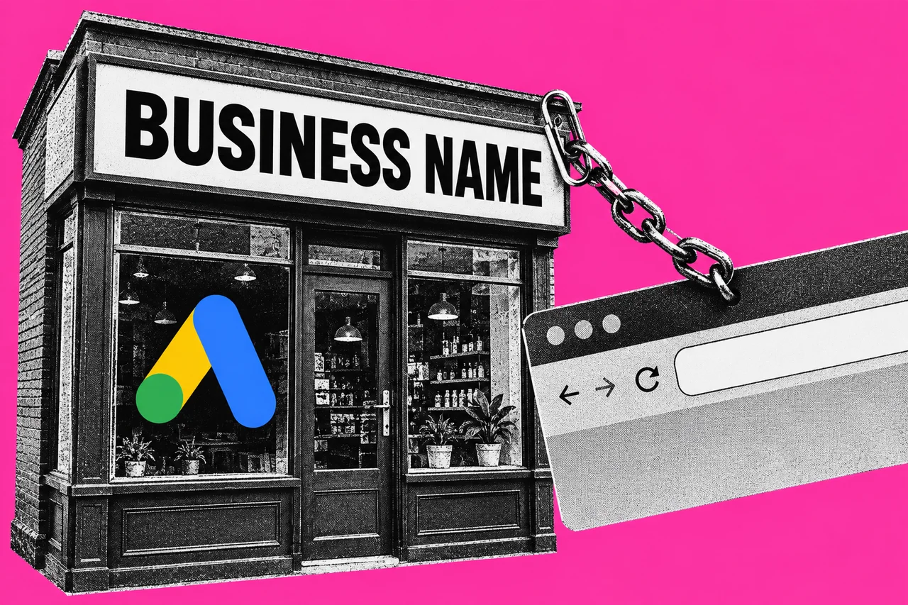 a black-and-white halftone shopfront with a blank signboard above the door, beside a halftone browser address bar showing a different, blank web address, joined by a paper-clipped link of chain. the full-colour Google Ads logo, its blue-and-yellow angled bars and green circle, on the shopfront window; the signboard reads BUSINESS NAME in bold capitals.