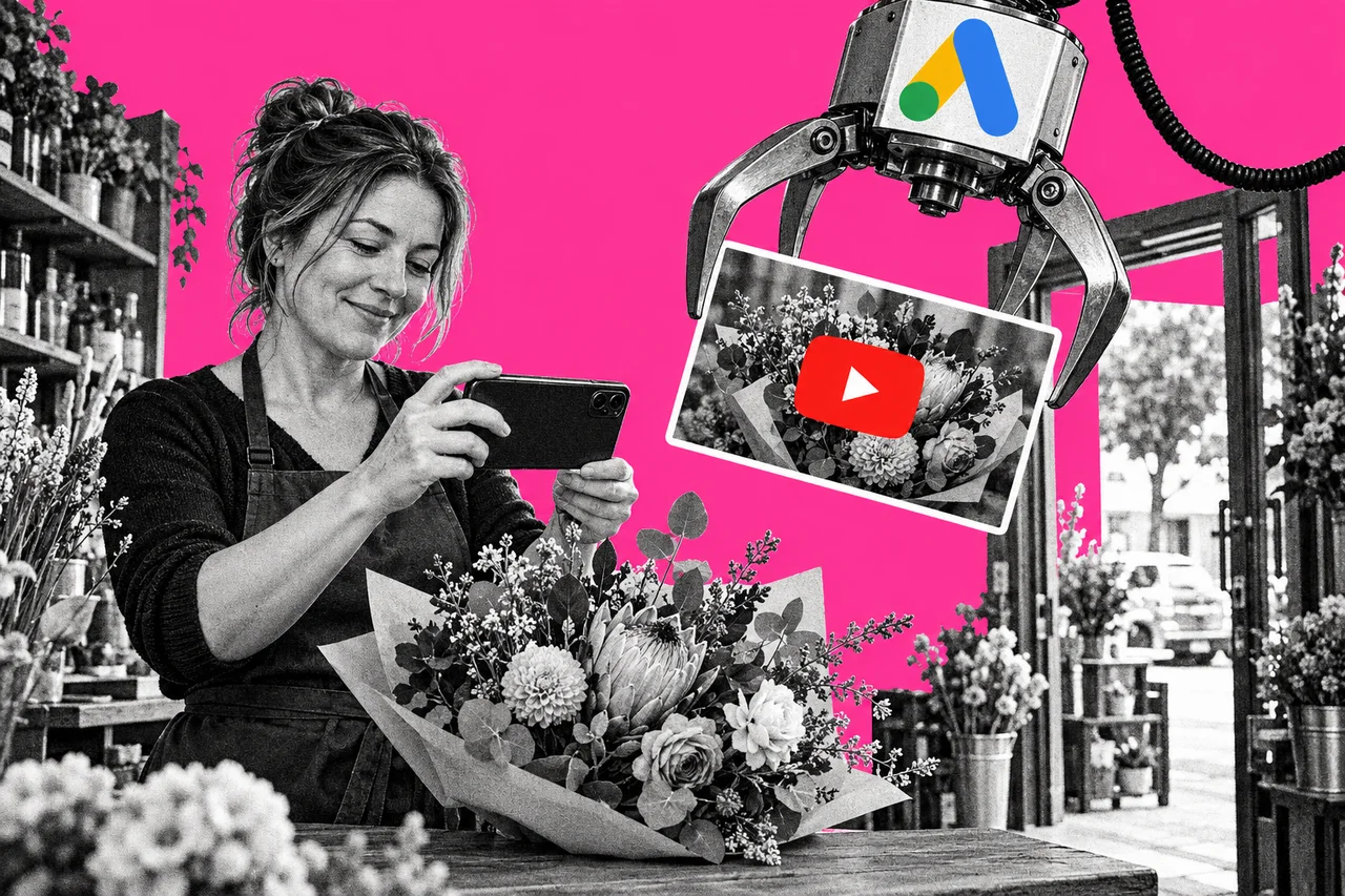a halftone cut-out of a florist in her forties standing behind the counter of her small flower shop, filming a bouquet on her phone, while a giant halftone mechanical grabber claw, like the arm of an arcade claw machine, reaches in through the open shop door behind her and lifts the glowing video frame up off her phone screen. the full-colour Google Ads logo, its blue-and-yellow angled bars and green circle, on the side of the grabber claw, and a bright red play button on the video frame it is lifting; the only full-colour elements, with no words