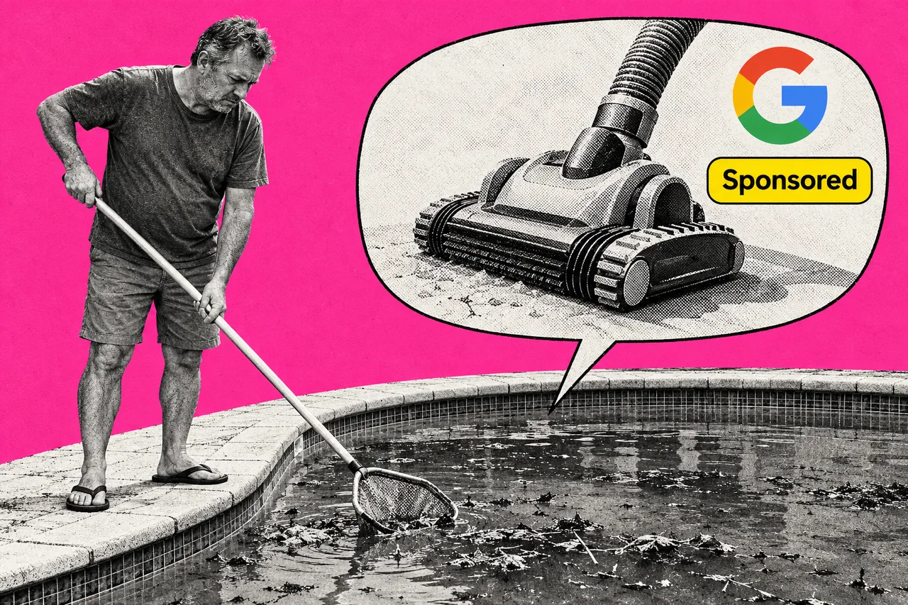 a halftone cut-out of a man in his fifties standing at the edge of a backyard swimming pool, holding a long pool skimmer net and frowning at the murky water, while a large halftone chat speech bubble floats above the pool like a cloud, holding a halftone pool vacuum cleaner. the full-colour Google 'G' logo in the top corner of the speech bubble, and a small bright yellow badge reading "Sponsored" beside the pool vacuum; the only full-colour elements and the only readable word