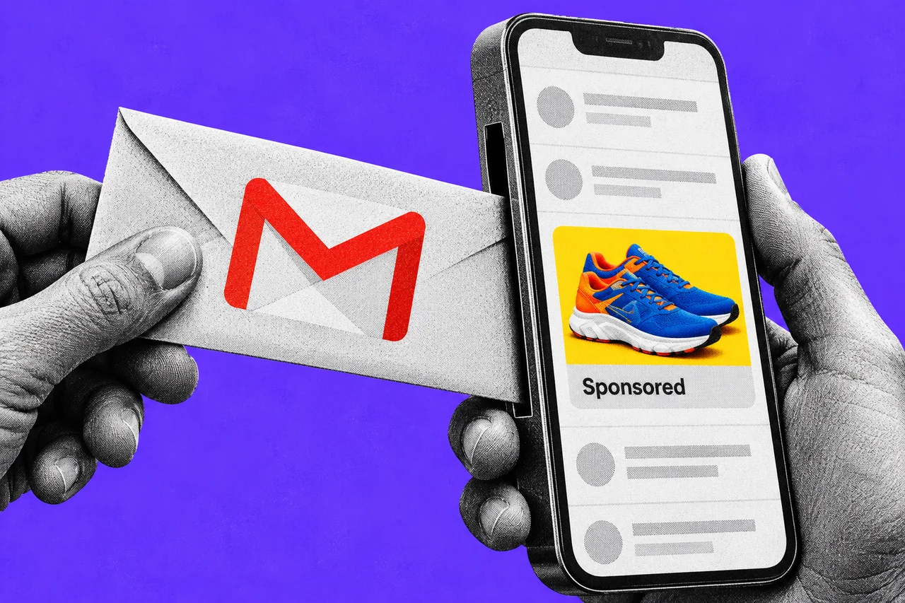 a close-up of two halftone hands holding a smartphone, while a halftone paper envelope slides into the side of the phone like a letter going into a letterbox slot. the red-and-white Gmail envelope logo printed on the envelope in full colour, and on the phone screen a small full-colour shopping ad card with a grey label reading "Sponsored"