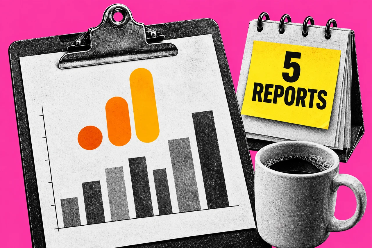 a black-and-white halftone clipboard holding a printed bar chart, beside a halftone tear-off desk calendar and a halftone coffee mug, on a flat magenta background. the full-colour orange Google Analytics logo on the clipboard's chart, and a bright yellow sticky note on the calendar reading "5 REPORTS"