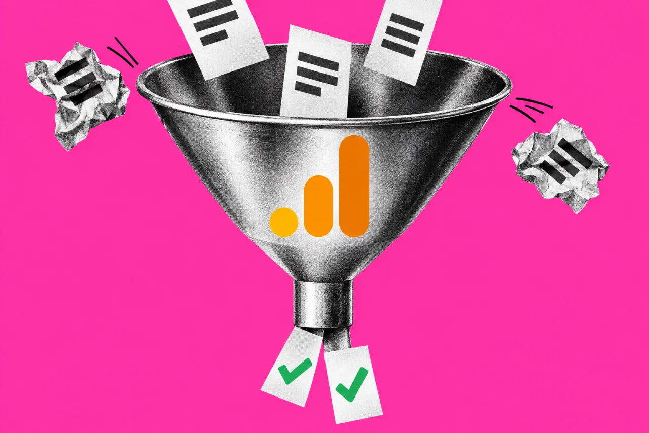 A large funnel with small paper tokens pouring in, spam tokens bouncing off the rim, on a magenta background. The Google Analytics logo (orange bar chart icon) on the funnel and a green tick on the tokens coming out of the bottom.