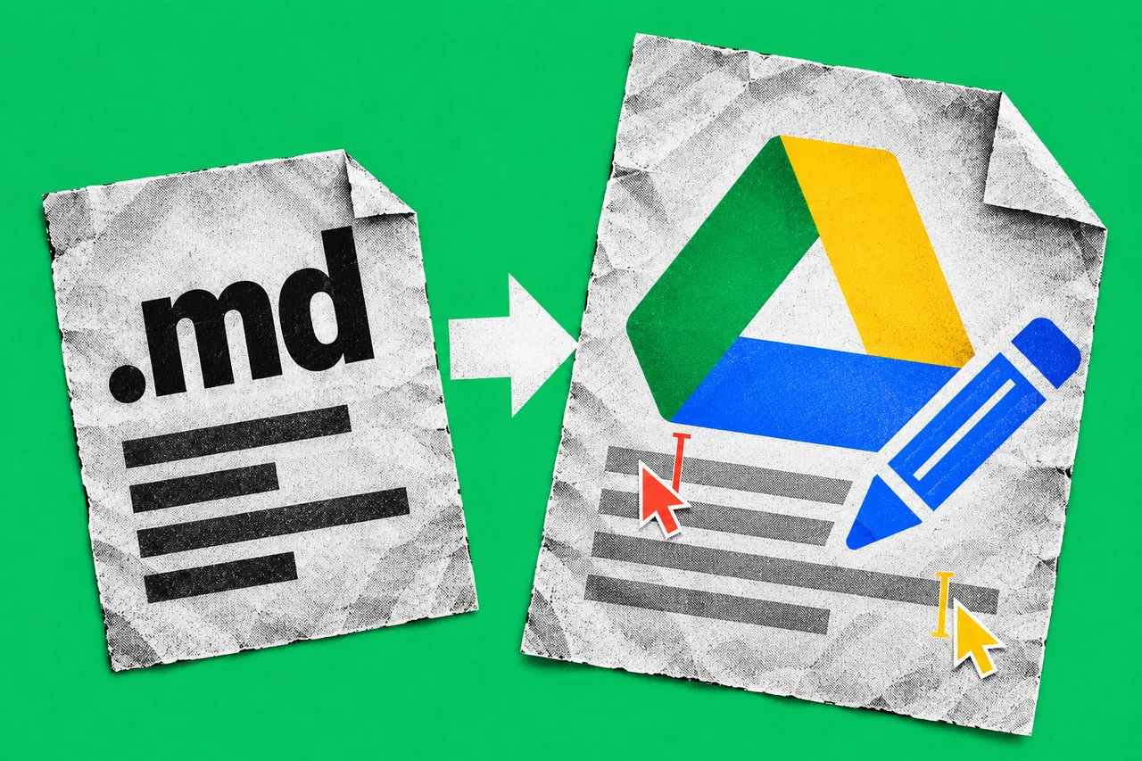 A .md paper file points to a Google Drive document with a blue pencil and two coloured editing cursors, on an emerald background.