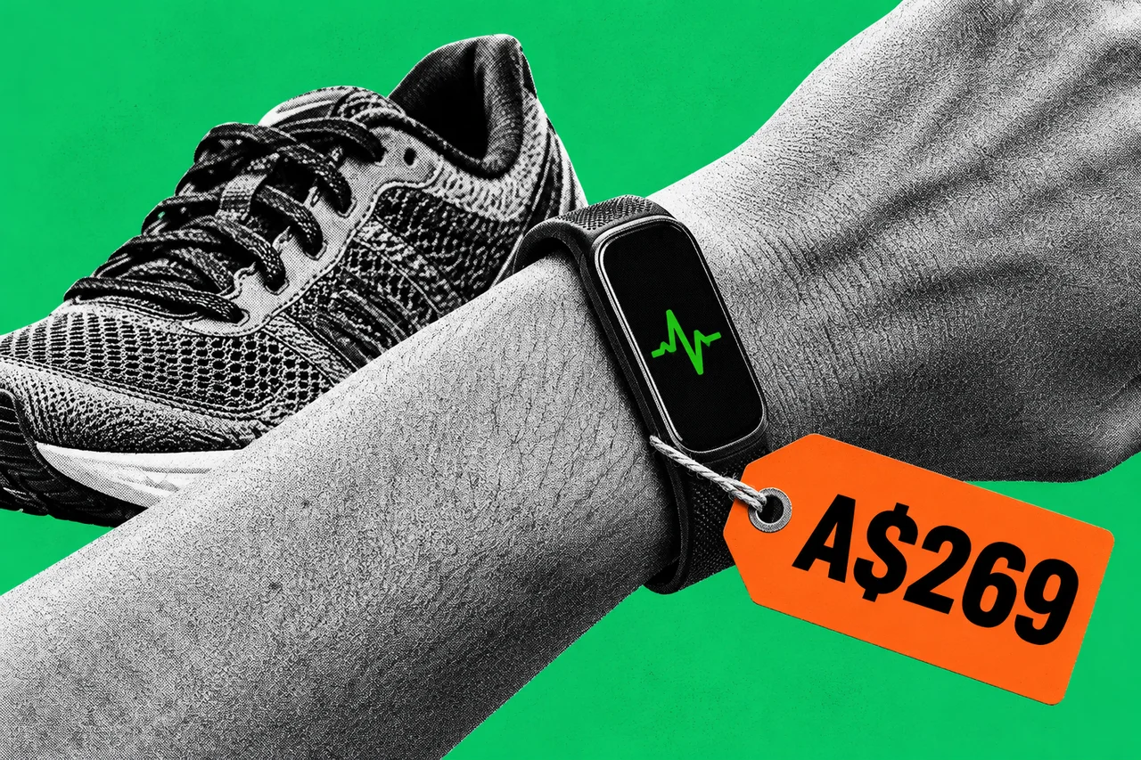 a halftone forearm and wrist wearing a slim rectangular fitness tracker with a tall narrow screen, beside a halftone running shoe. an orange swing price tag tied to the tracker's band reading "A$269" in bold black type, and a small green heart-rate pulse line glowing on the tracker's screen