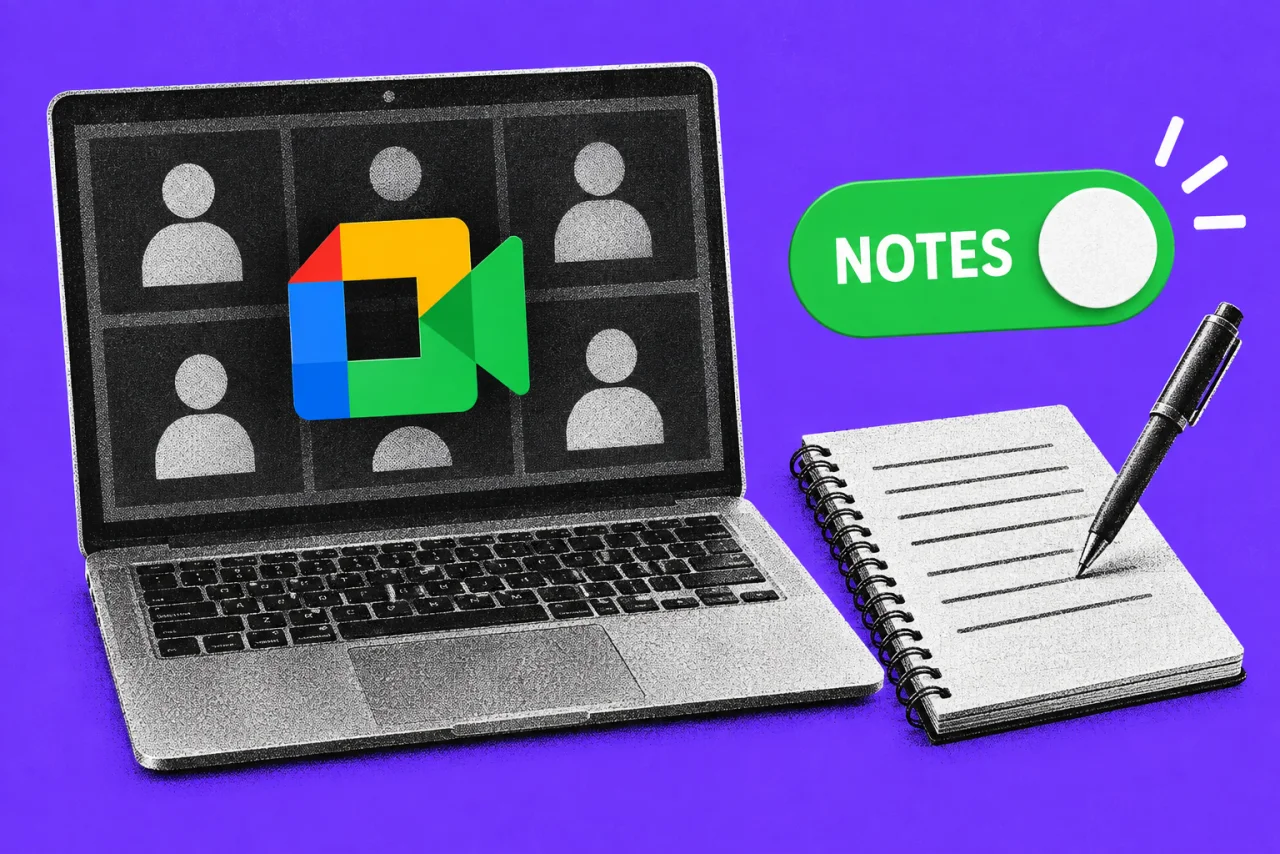 A laptop showing a video-call grid, and a notebook with a pen writing by itself beside it, on a violet background. The Google Meet logo (green camera icon) on the laptop and a bright toggle switch in the ON position labelled "NOTES".