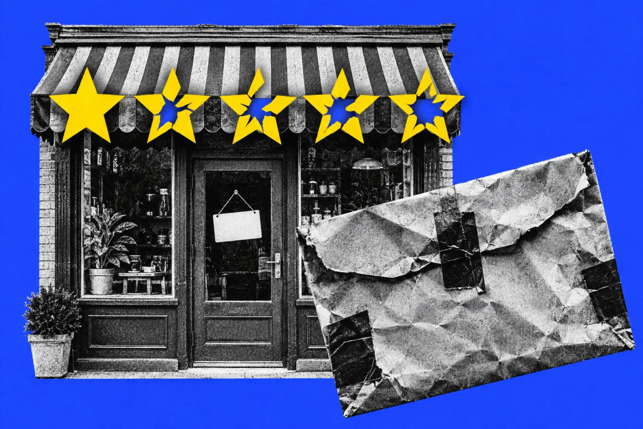A shopfront with a striped awning and a ransom-style envelope, on a cobalt background. A row of five large Google-style review stars in yellow, the first one lit and the other four smashed and cracked, like an one-star rating.