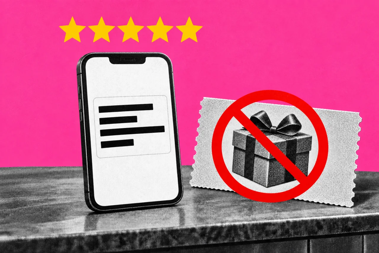 A shop counter with a smartphone standing on it and a gift voucher beside it, on a magenta background. Five bright yellow Google-style review stars above the phone, and a bold red "no" symbol over the gift voucher.