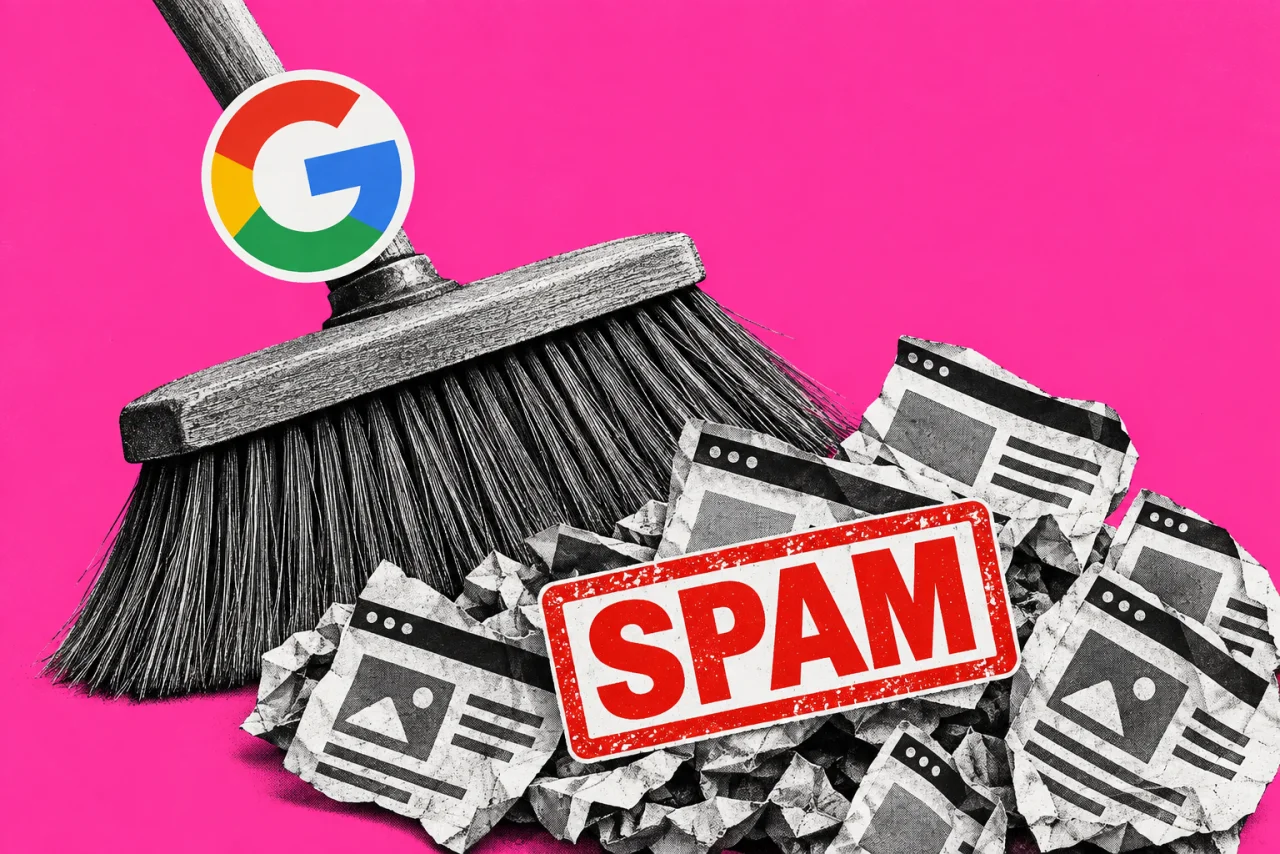A broom sweeping a pile of junk web pages, on a magenta background. The multicoloured Google "G" logo on the broom handle and a bold red stamp reading "SPAM" on the swept pages.