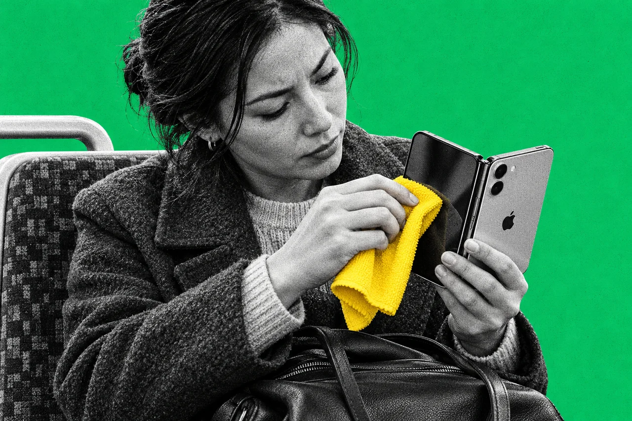 a halftone cut-out of a woman in her thirties sitting on a train seat, holding a folding phone open in both hands like a small book and studying the inner screen closely, with a halftone commuter's bag on her lap. a soft bright yellow microfibre cloth in her right hand, pressed gently against the inner screen, and the black Apple logo on the back of the phone; the cloth is the only full-colour element and there are no words