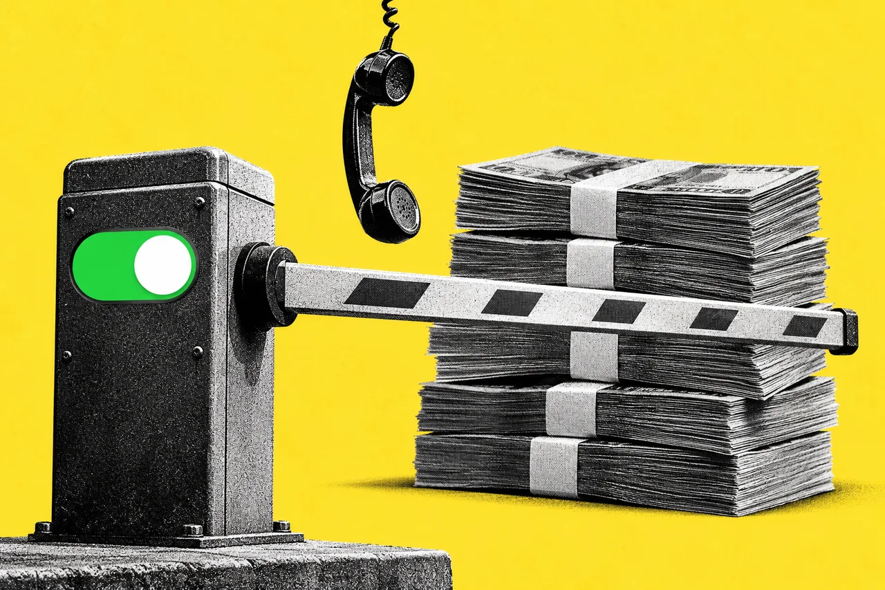 a halftone car-park boom gate lowered in front of a tall halftone stack of banknotes, with an old-fashioned halftone telephone handset dangling on its coiled cord over the top of the barrier. a large full-colour green iPhone-style settings toggle, switched on, fixed to the boom gate's post