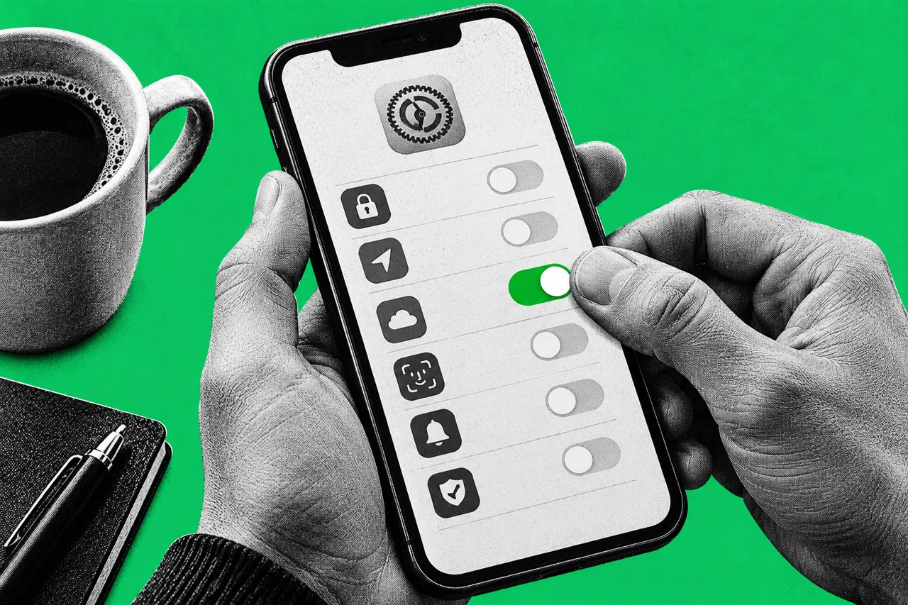 a close-up of two halftone hands holding a halftone iPhone large in the frame, the right thumb pressing down on a settings switch on the screen, with a halftone coffee cup and a pen at the edge of the desk. a single bright green iOS toggle switch on the phone screen, just flicked on, the only colour in the picture besides the background