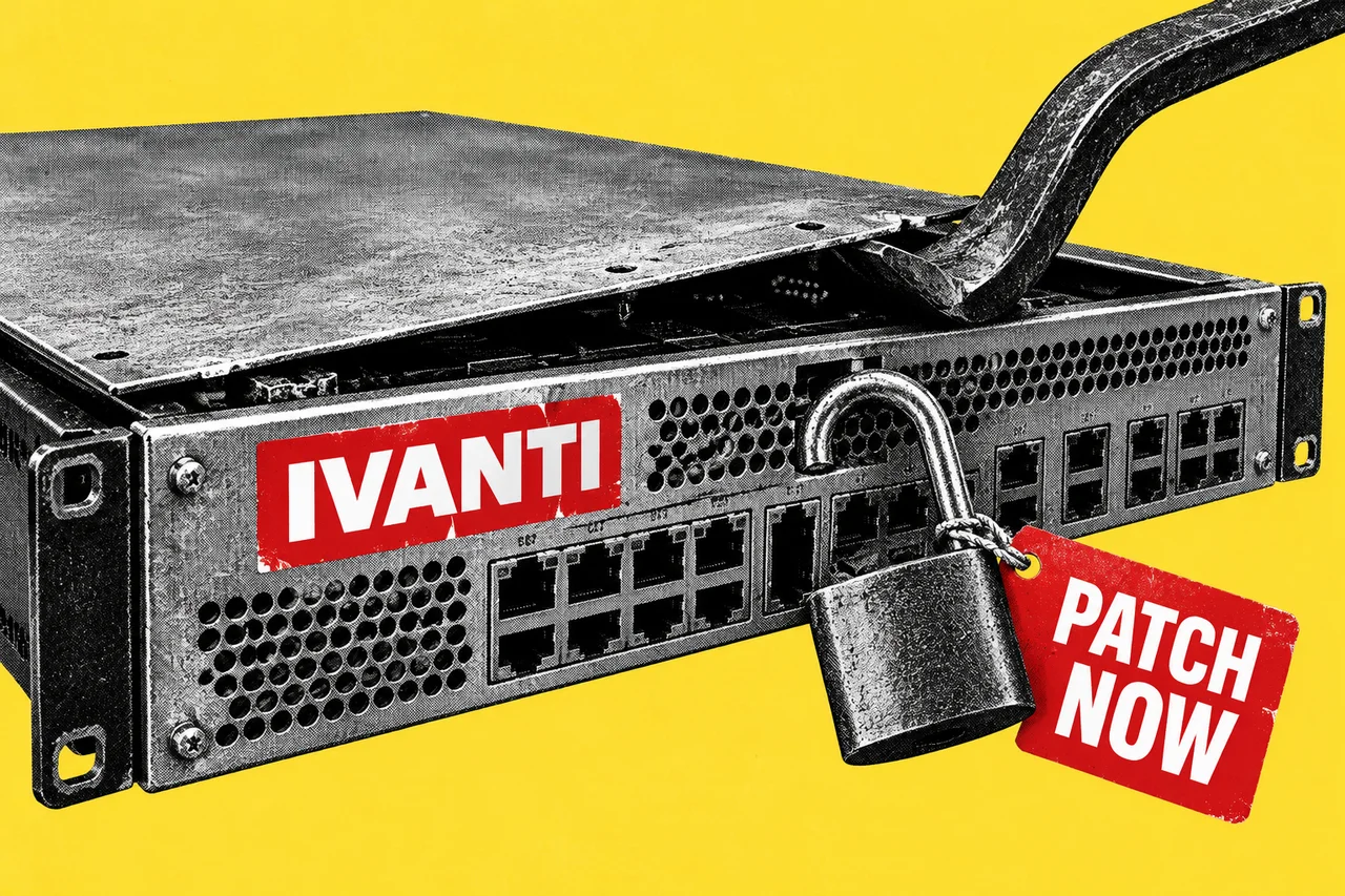 a large black-and-white halftone VPN gateway box with a halftone padlock hanging open from its front, and a halftone crowbar wedged into the lid, on one flat saturated security-yellow background; a simple desk collage with visible photocopy grain and no faces, crests, personal data or invented evidence. a clean full-colour red label on the gateway box reading IVANTI, with a second bold red tag tied to the open padlock reading PATCH NOW; these are the only three readable words