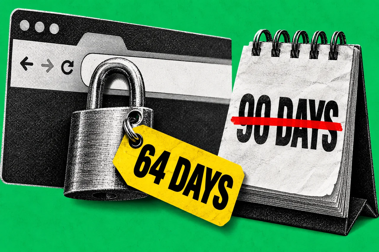 a black-and-white halftone web browser window with a large halftone padlock in its address bar, beside a halftone tear-off desk calendar, on a flat emerald background. on the calendar, the words "90 DAYS" struck through with a bold red line, and a bright yellow tag on the padlock reading "64 DAYS"