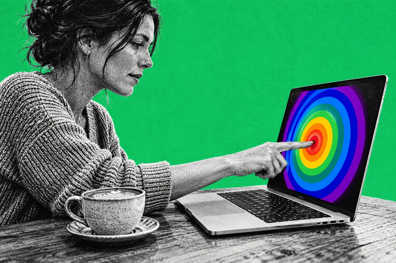 a halftone cut-out of a woman in her thirties at a wooden café table, seen side-on, reaching out with one finger to touch the screen of an open laptop, while a halftone flat white sits beside the keyboard. bright rainbow-coloured ripples spreading across the laptop screen from her fingertip, like rings on water; the only full-colour element, with no words