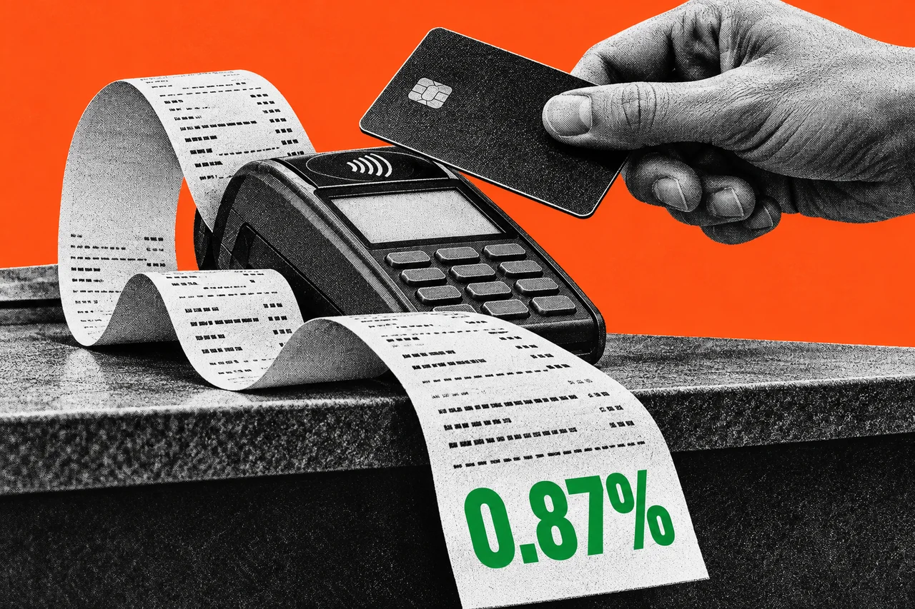 a close-up of a halftone hand holding a bank card and tapping it on a halftone card terminal on a shop counter, with a long halftone paper receipt curling out of the terminal and spilling over the edge of the counter. the last line printed on the receipt is the only full-colour element, in bold bright green: "0.87%"; no other readable words