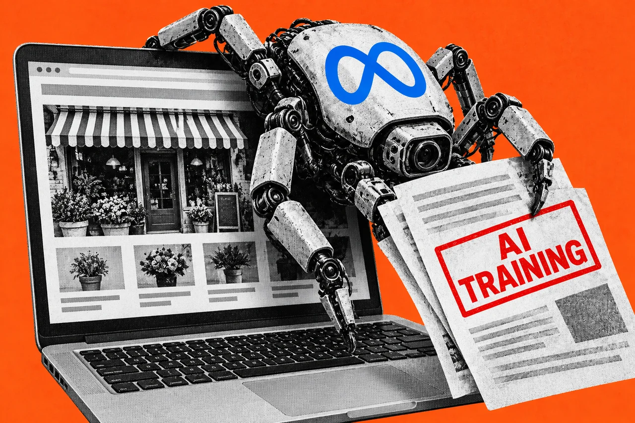 a halftone shopfront website on a laptop screen with a halftone spider-like crawler robot climbing out of it, carrying pages of text. the blue Meta infinity logo on the crawler's back, and a red rubber stamp across the pages reading "AI TRAINING"