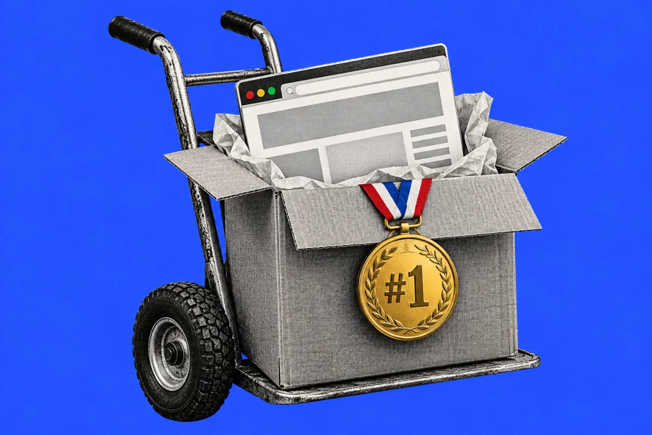 A cardboard moving box with a web browser window packed carefully inside, on a hand trolley, on a cobalt background. A shiny gold first-place medal hanging from the box reading "#1".