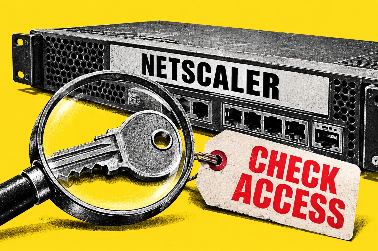 Halftone collage of a NetScaler-labelled network appliance, a key under a magnifying glass, and a Check access tag against a yellow background.
