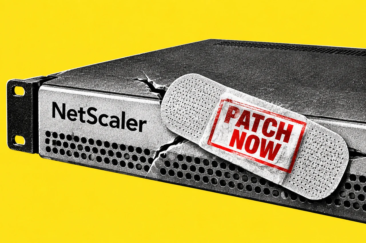 Black-and-white halftone NetScaler network appliance with an adhesive repair patch stamped PATCH NOW in red, on yellow.