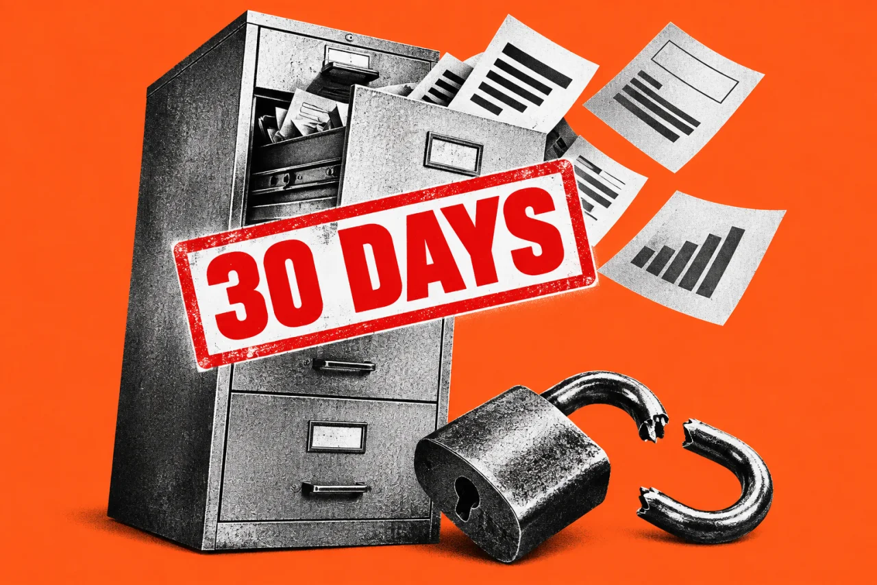 A filing cabinet with its drawer burst open and papers flying out, a broken padlock on the floor, on an orange background. A bold red stamp reading "30 DAYS".