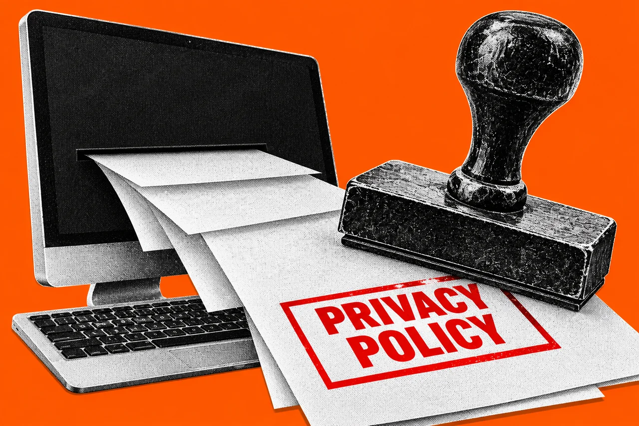 Halftone computer feeding blank papers toward a rubber stamp, with a red PRIVACY POLICY label on an orange background.