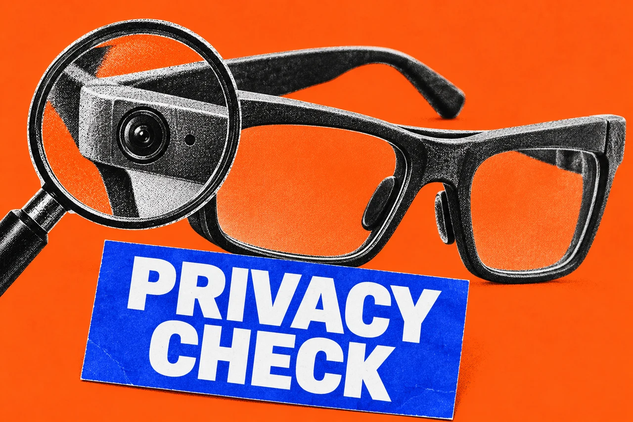 Halftone smart glasses with a camera enlarged under a magnifying glass beside a blue PRIVACY CHECK card on orange.