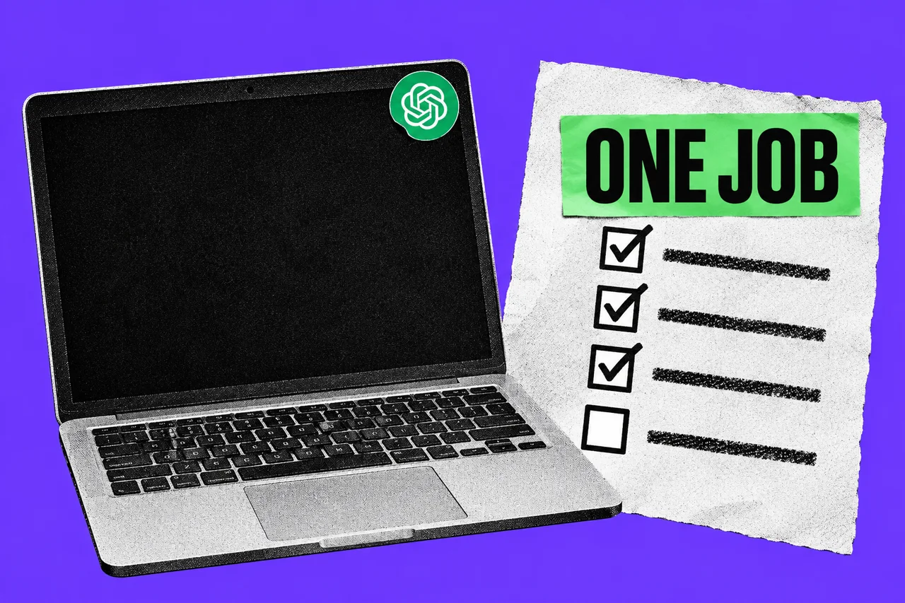 Halftone laptop with a green OpenAI logo sticker beside a task sheet labelled ONE JOB, with three ticked boxes and one empty box, on a violet background.