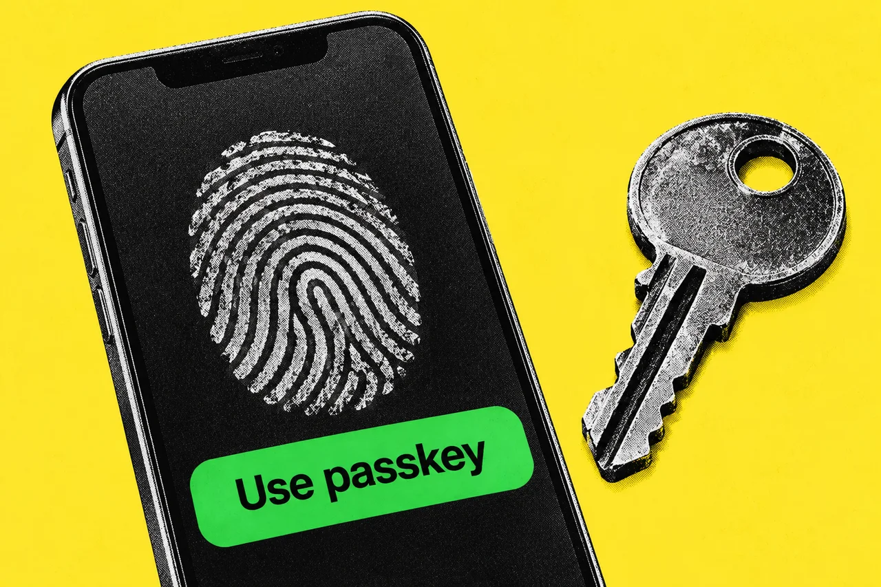A black-and-white halftone smartphone showing a fingerprint and a green “Use passkey” button beside a physical key on a yellow background.