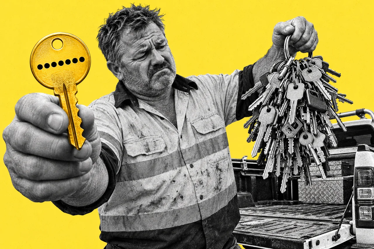 a halftone tradesman in his fifties in a hi-vis shirt standing at the open tailgate of a ute, holding up a giant, overloaded keyring with dozens of different halftone keys spilling off it, looking at it with a weary expression, while his other hand holds a single key out towards the viewer. the single key in his other hand is the only full-colour object, bright gold, with a row of eight black password dots (••••••••) across its round head; no words