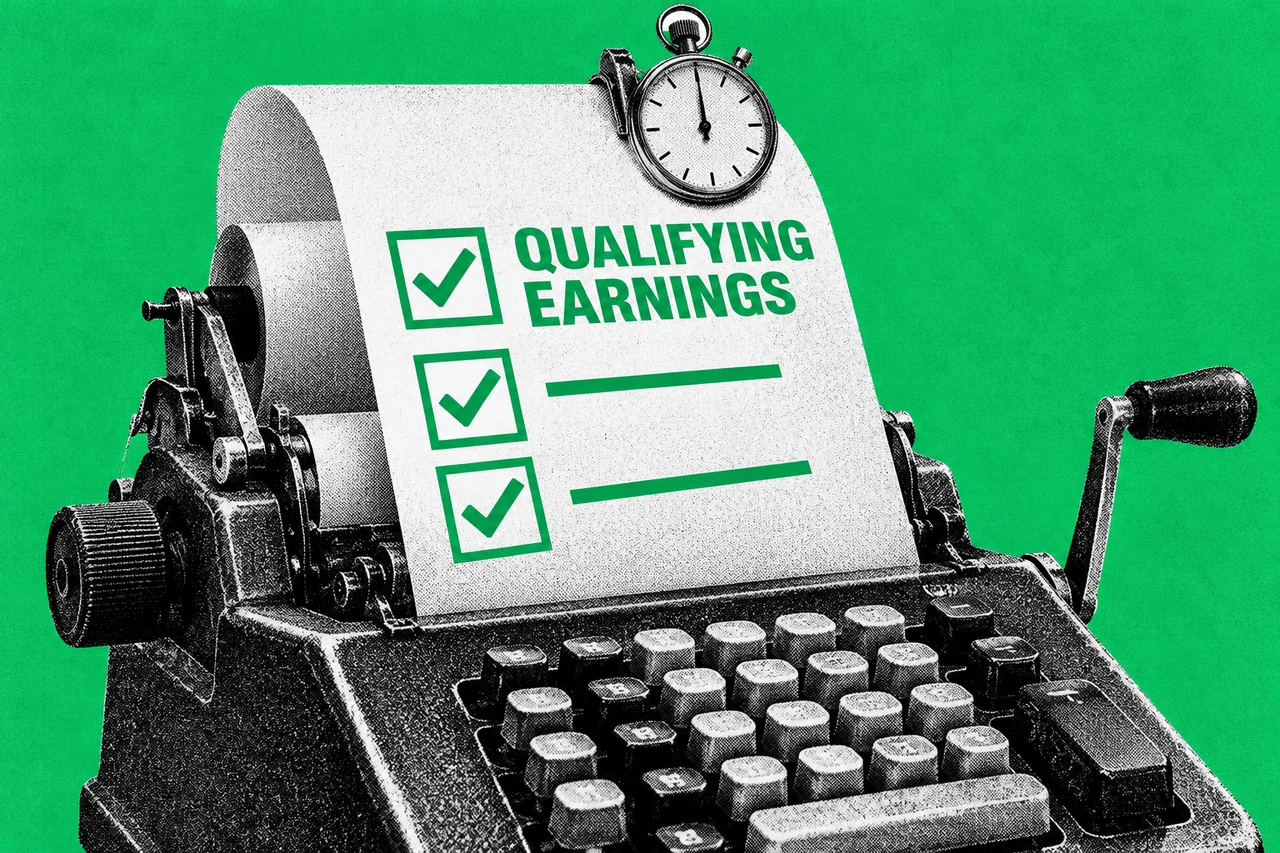 a halftone payslip feeding out of an old adding machine, with a halftone stopwatch clipped to the top of the payslip. a bold green tick-box checklist printed on the payslip, with the words "QUALIFYING EARNINGS" in capitals beside the first ticked box