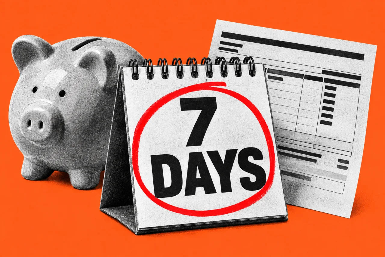 A payslip, a piggy bank and a desk calendar, on an orange background. The calendar page reads "7 DAYS" circled in red.