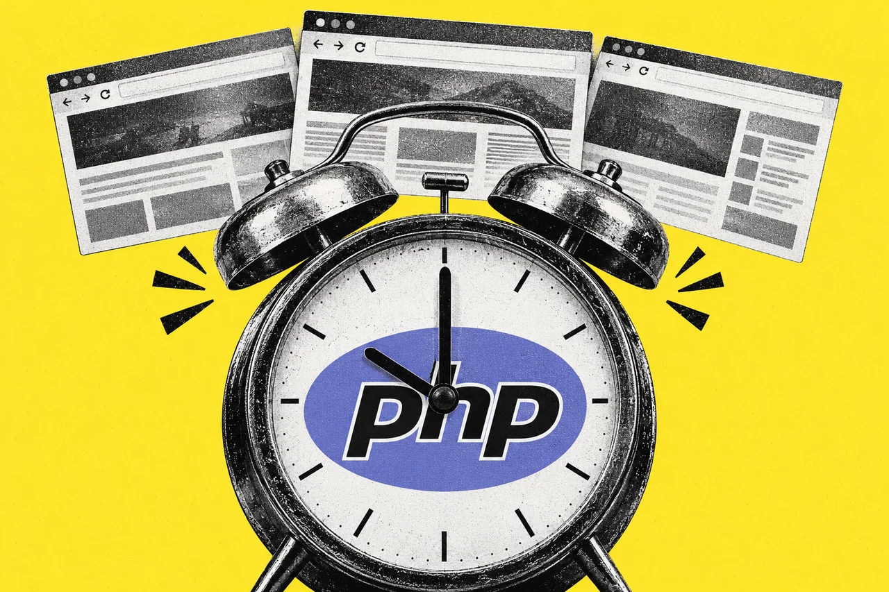 a halftone stack of three overlapping web browser windows balanced on top of a large halftone old-fashioned twin-bell alarm clock, with the clock's hands pointing to ten o'clock and the bells mid-ring. the clock face carries the full-colour purple-blue oval PHP logo