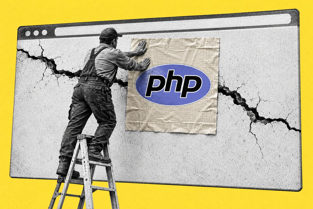 a halftone cut-out of a tradesperson in work boots standing on a stepladder, pressing a large square patch over a jagged crack running across a giant halftone web browser window that fills the frame behind them. the patch is in full colour and carries the purple-blue oval PHP logo