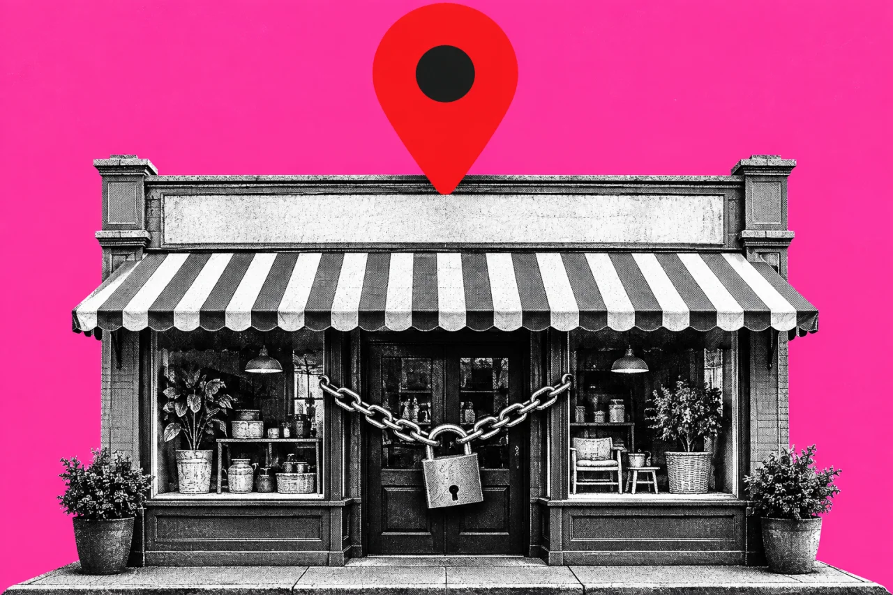 A small shopfront with a heavy chain and padlock across the door, on a magenta background. A large red Google Maps location pin standing on the shop roof.