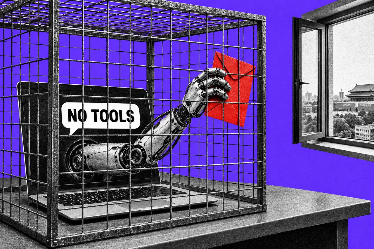 a halftone laptop open on an office desk, seen three-quarter on, with a halftone robotic hand reaching out of its screen and stretching toward an open office window, holding a sealed envelope, while a tall halftone wire-mesh cage drops down around the laptop and stops the hand at the bars. the envelope is the only full-colour object, a bright red, and the laptop screen behind the hand shows one chat bubble reading "NO TOOLS" in bold black capitals; the only readable words