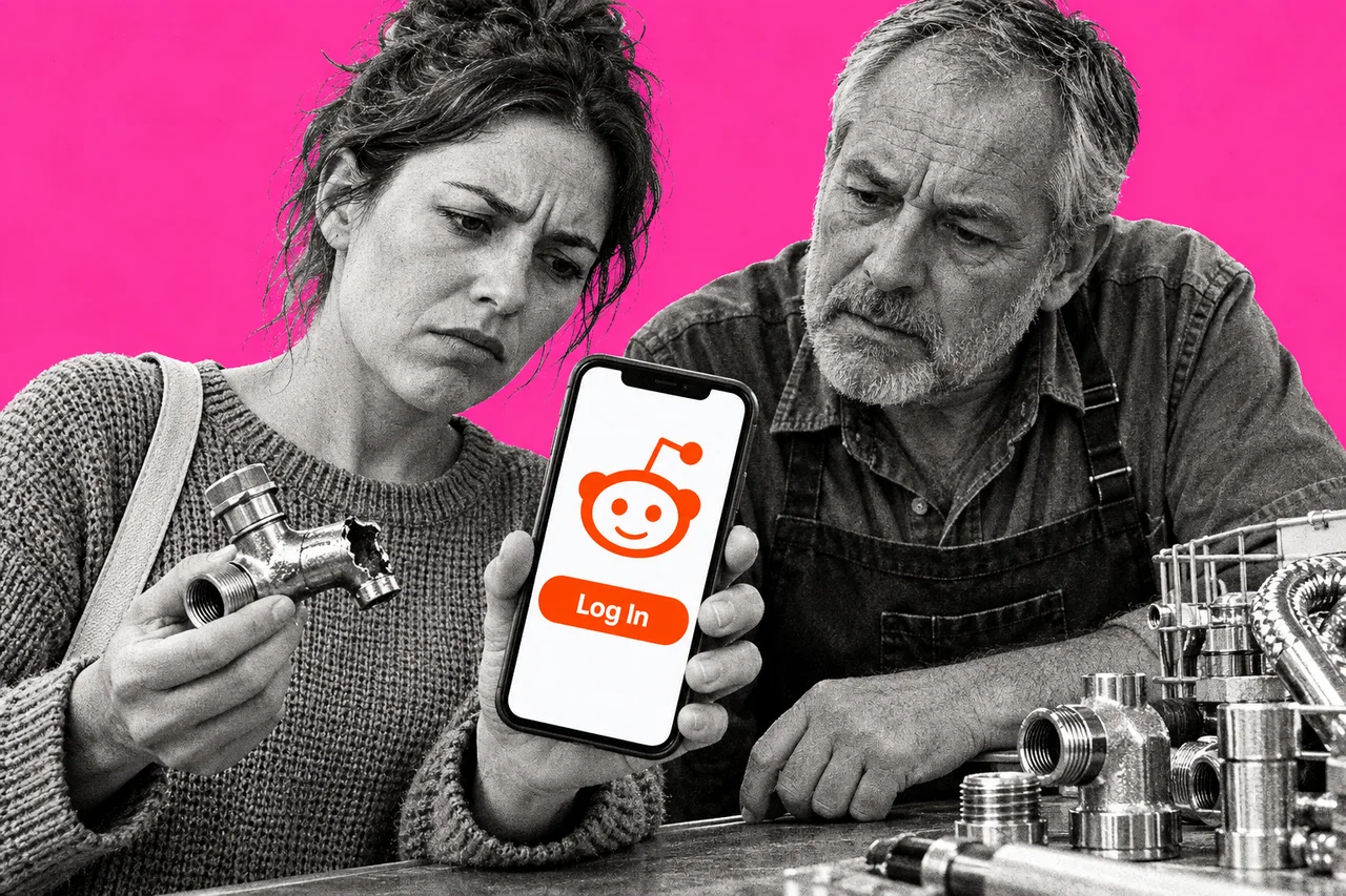 a halftone cut-out of a woman in her thirties standing at the counter of a suburban Australian hardware store, holding a broken tap fitting in one hand and her phone in the other, frowning at the phone screen, while a halftone older man behind the counter leans over to look at it with her. the phone screen is the only full-colour element: the orange-red Reddit alien logo at the top and a bright orange button beneath it reading "Log In"; no other words