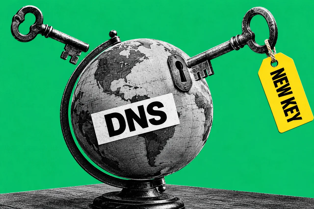 a black-and-white halftone globe sitting on a desk, with a large halftone old-fashioned key being lifted away from a keyhole in the globe and a second halftone key moving in to replace it, on a flat emerald background. a bright yellow luggage tag tied to the incoming key reading "NEW KEY", and a bold white label across the globe reading "DNS"